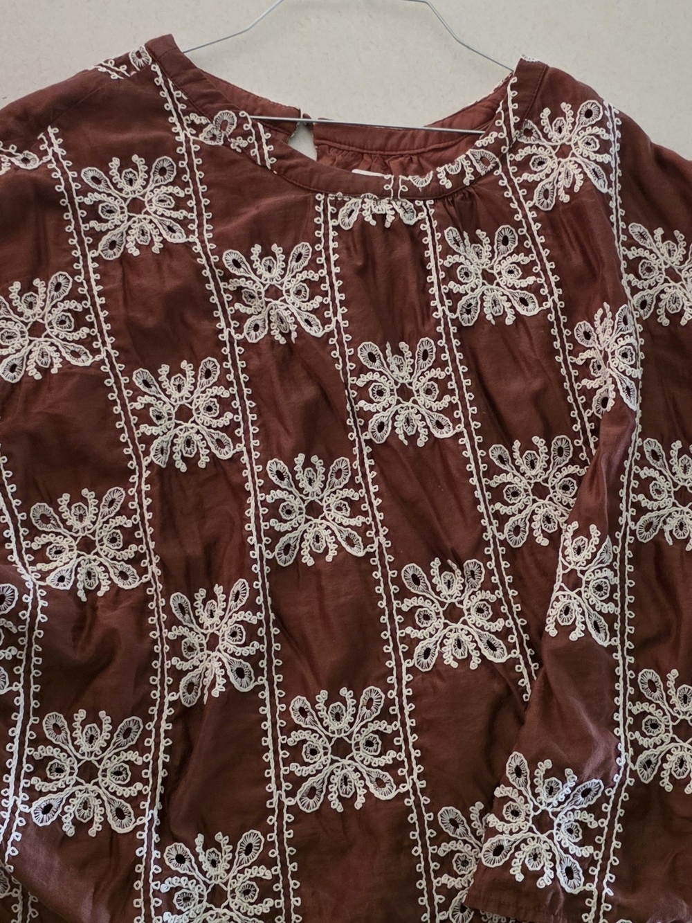 Brown Embroidered Peasant Blouse with White Lace Detail